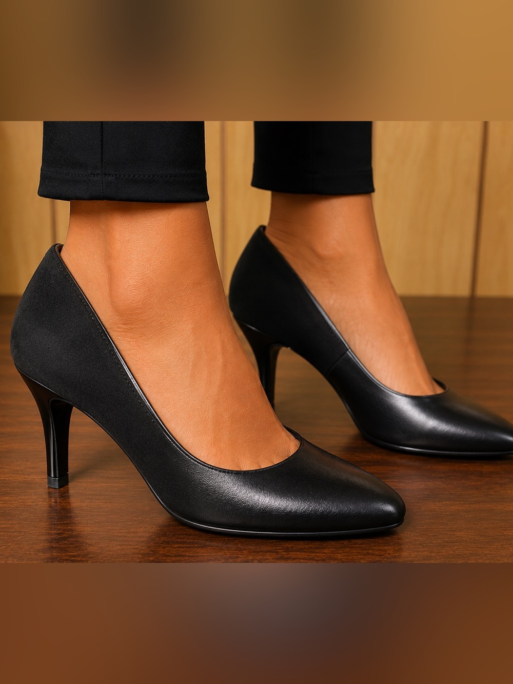 Women's Black Pointed-Toe Mid Heel Pumps